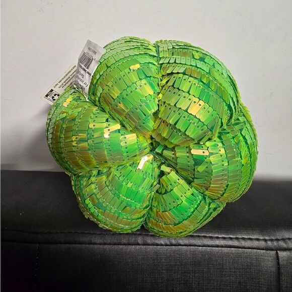 Lime Green Sequin Pumpkin Tabletop Decor Spooky Halloween Decoration 6.5in, New - Picture 4 of 5
